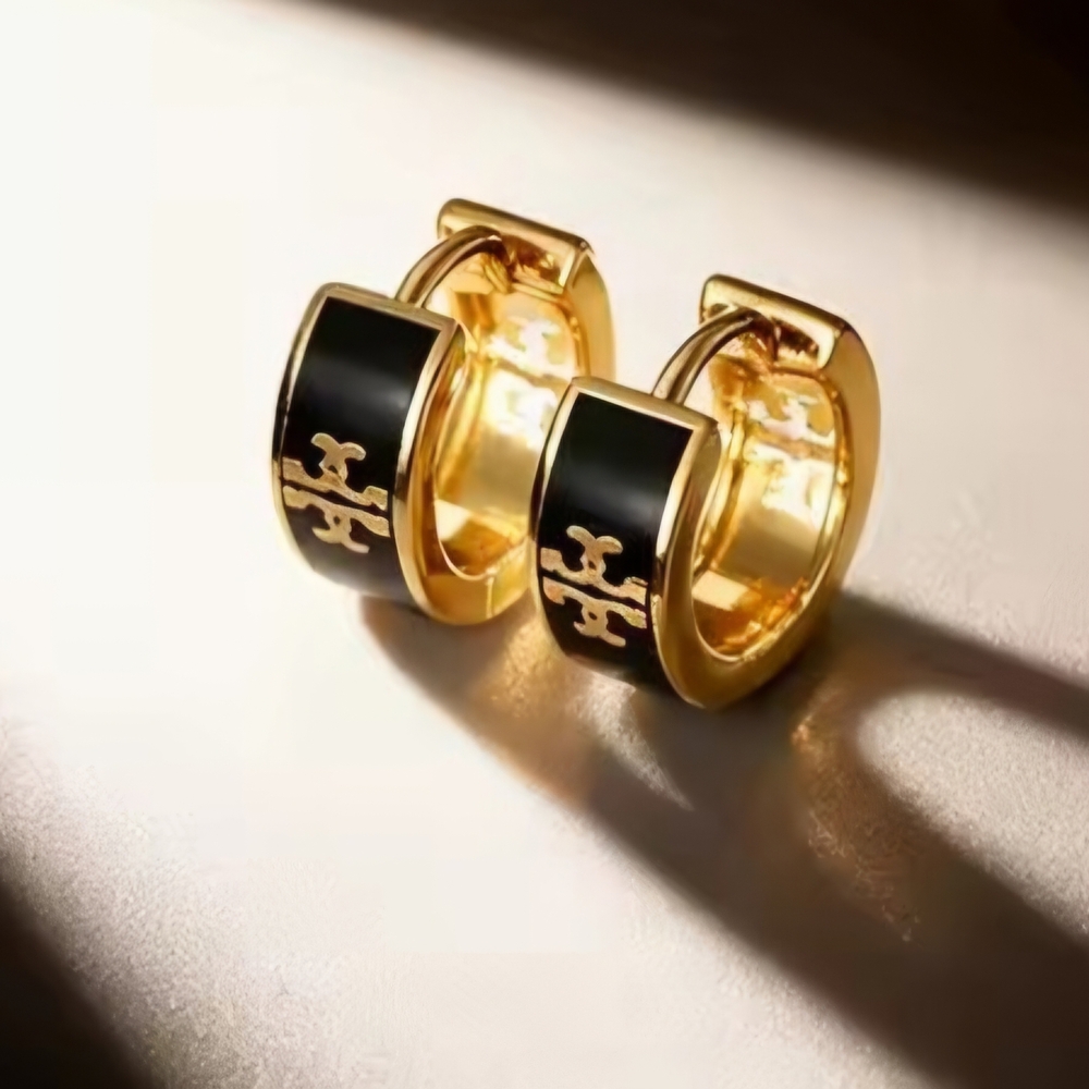 Tory Burch Elegant Gold and Black Designer Hoop Earrings